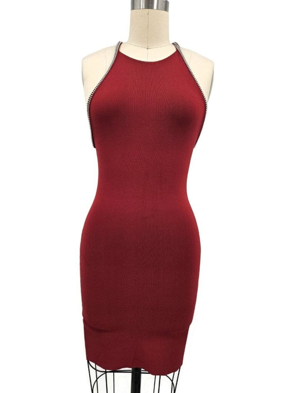 Alexander Wang Ribbed Knit Red Tank Dress Womens S Mini Stretch Bodycon Silver
